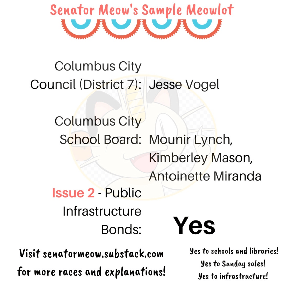 Senator Meow's Sample Meowlot Columbus City Council (District 7): Jesse Vogel Columbus City School Board: Mounir Lynch Kimberley Mason Antoinette Miranda Issue 2 - Public Infrastructure Bonds: Yes Visit senatormeow.substack.com for more races and explanations! Yes to schools and libraries! Yes to Sunday sales! Yes to infrastructure!
