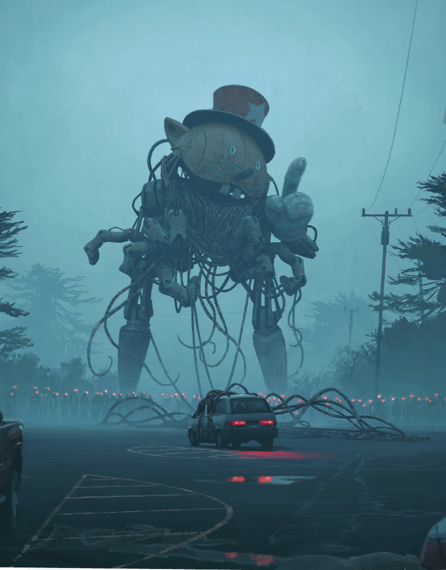 looks like an enormous, juryrigged drone, with bundles of cables pouring out of its open head.