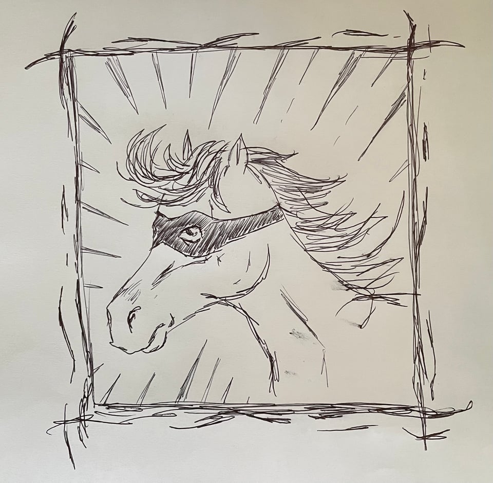 A rough sketch of a horse wearing a mask and an attitude