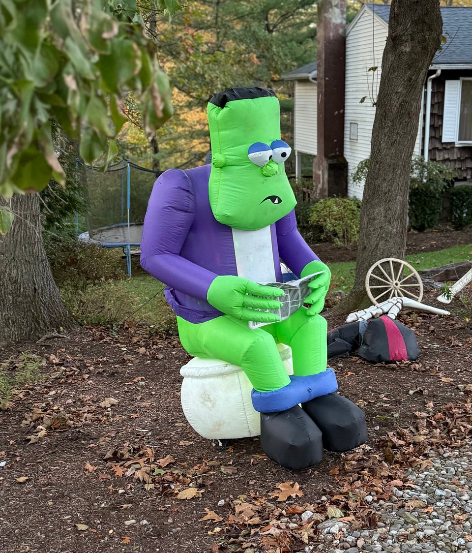 photo of inflatable cartoon Frankenstein's monster sitting on the can, holding a newspaper. No, I don't get it either.