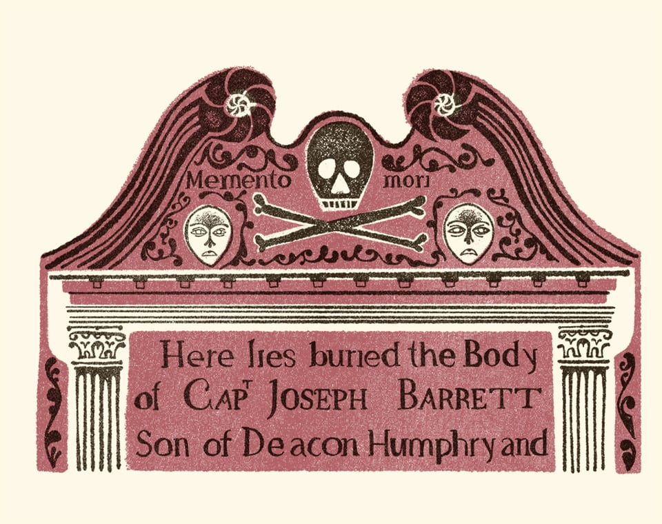 An illustration of a gravestone reading "Memento Mori" and "here lies buried the body of Capt Joseph Barrett Son of Deacon Humphry"