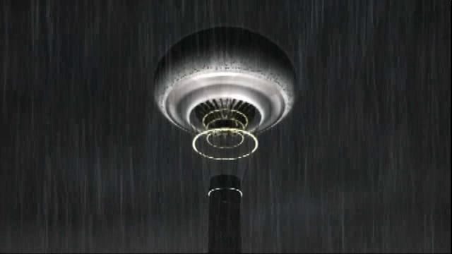 The Mushroom Tower on a rainy night