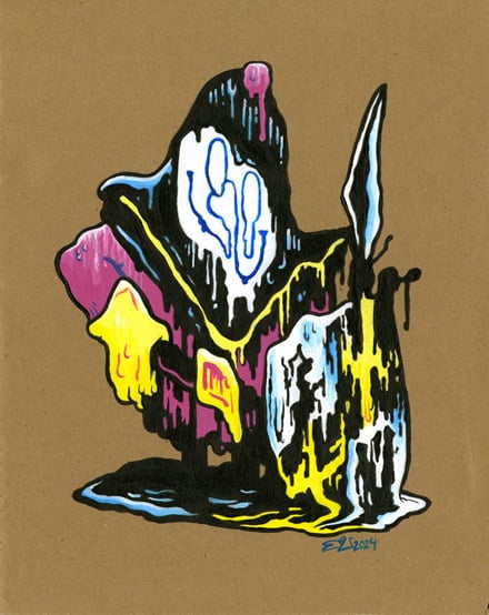 An acrylic painting on cardboard, of a little smiling cartoon medieval guardsman dude with a shield and a spear, one of several different logos for the Burger Baron restaurant chain - except in this version, the little guy is melting. Still smiling, though!