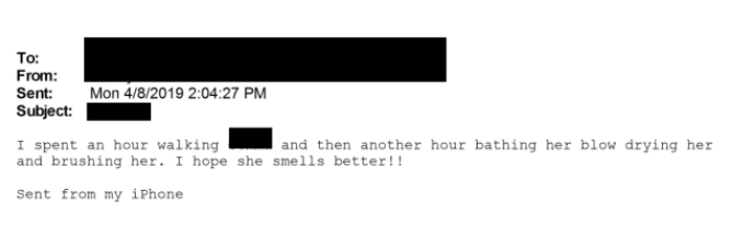 Screenshot of an email in which a dog's name was redacted.