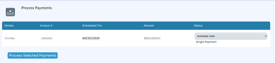 Accounts payable screen showing a pending bill for payment