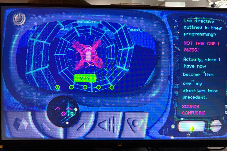 A cobalt blue interface with neon pink, green, and teal UI elements. They are shaded in a way that makes them appear large, pressable, and juicy.