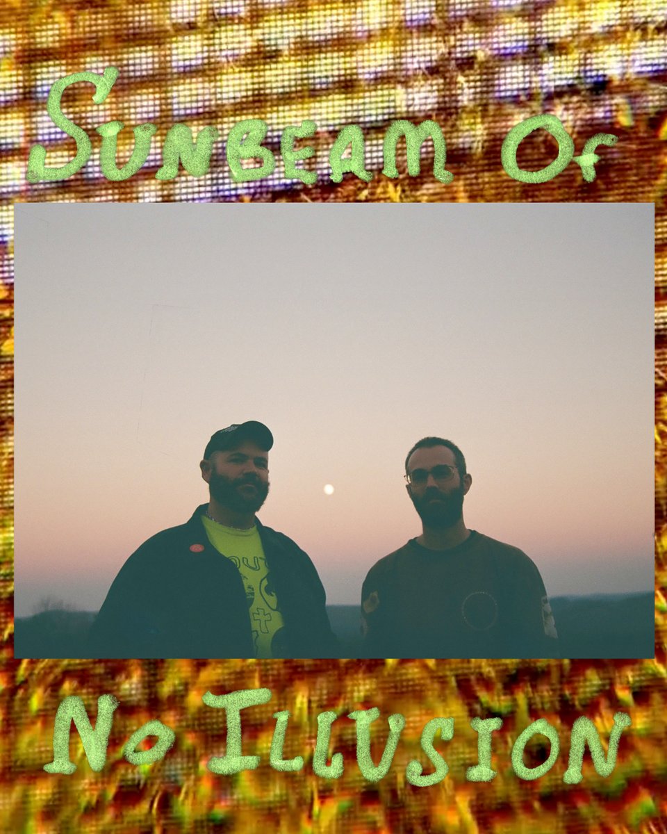 ben & john standing before a rising full moon at dusk in the Berkshires - above and below in handwritten text reads SUNBEAM OF NO ILLUSION