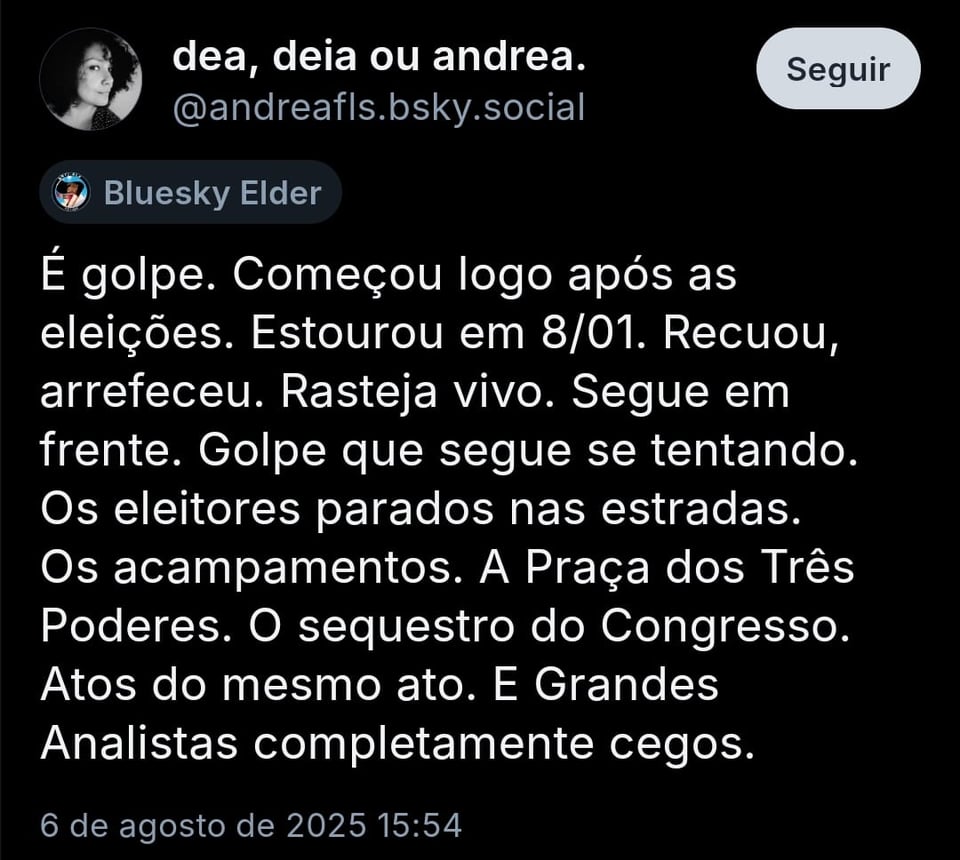 Imagem mostra post de @andreafls.bsky.social com o texto: É golpe. Começou logo após as eleições. Estourou em 8/01. Recuou, arrefeceu. Rasteja vivo. Segue em frente. Golpe que segue se tentando. Os eleitores parados nas estradas. Os acampamentos. A Praça dos Três Poderes. O sequestro do Congresso. Atos do mesmo ato. E Grandes Analistas completamente cegos.