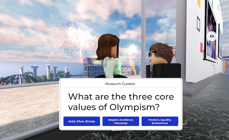 Roblox screenshot of a character named "Museum Curator" asking "What are the three core values of Olympism" with answer "Gold, Silver, Bronze", "Respect, Excellence, Friendship" and "Freedom, Equality, Brotherhood"