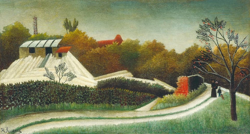 A painting of a sawmill in the background, trees in the midground, and a path with a family and their dog in the foreground. Trees are full and the colors are autumnal.