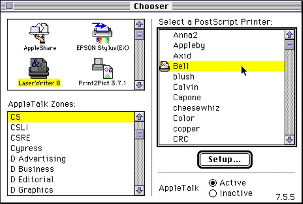 Local AppleTalk network names in the Mac Chooser, as preserved by the Computer History Museum.