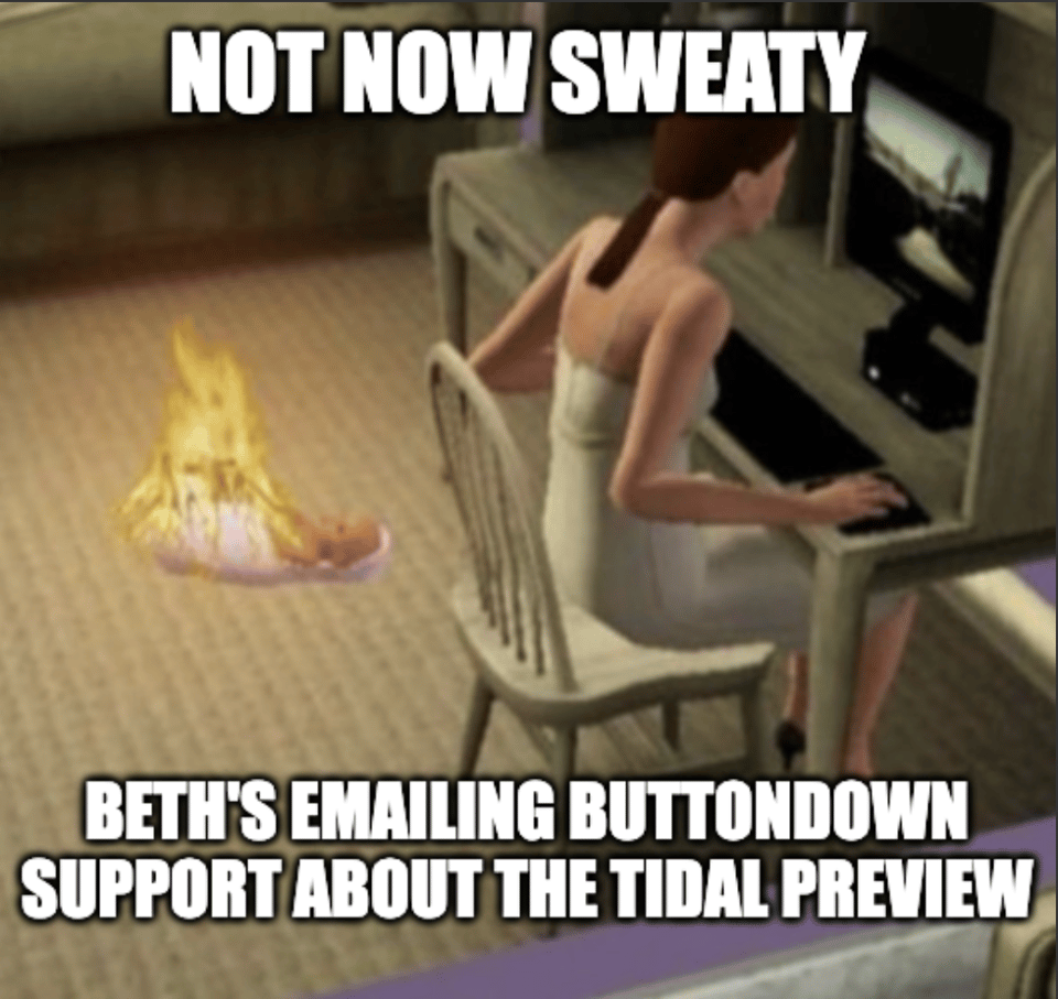 the sims baby on fire meme with text: "not now sweaty, beth's emailing buttondown support about the tidal preview" (which isn't working in this newsletter)