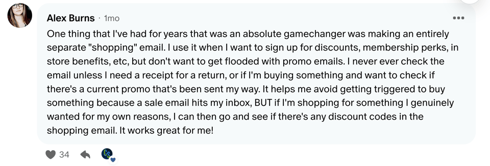 a screen shot of a comment describing an approach to make a "shopping email" address where all marketing emails go