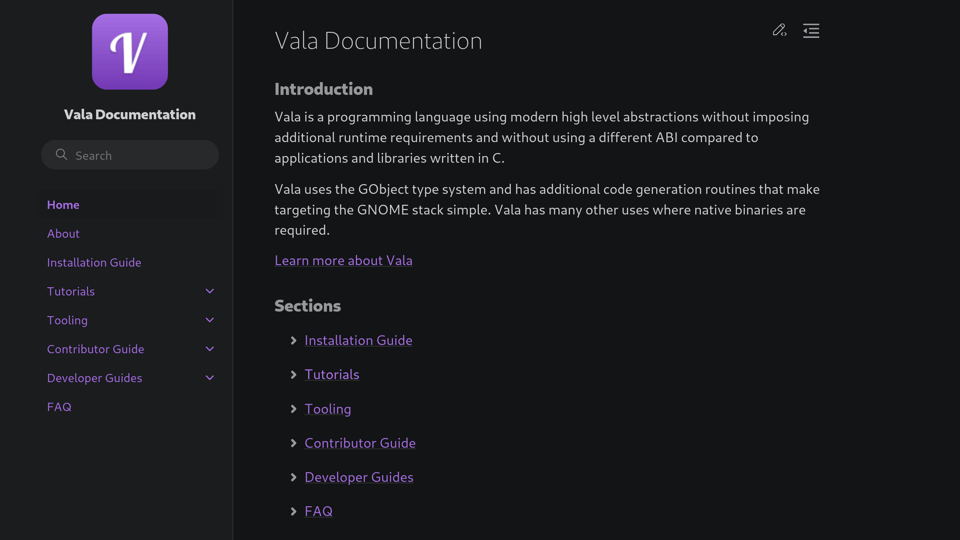 Vala Documentation Website Homepage (Dark Colour Scheme)