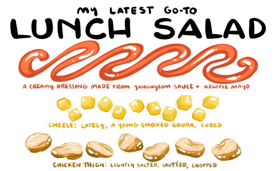 My Latest go-to lunch salad: A creamy dressing made from yangnyeom sauce and kewpie mayo; cheese: lately, a young smoked gouda, cubed; chicken thigh: lightly salted, sauteed, chopped