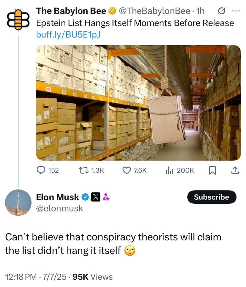 Musk mocks the idea that Trump’s pal Jeffrey Epstein hanged himself