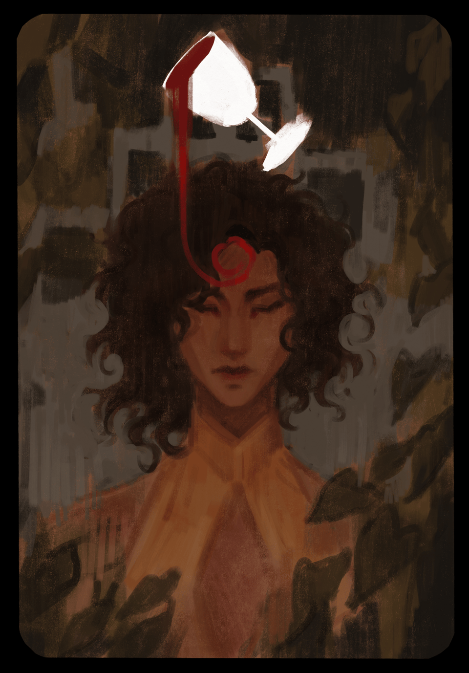 A tarot-style card of a brown-skinned woman with medium-length curly hair against an abstract background. Leaves form the border of the card. The woman's eyes are closed. Above her is a white chalice pouring a red liquid.