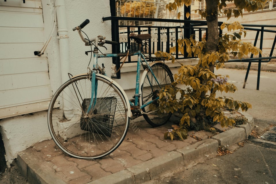 a bicycle leaning against a wall with changing leaves visible
