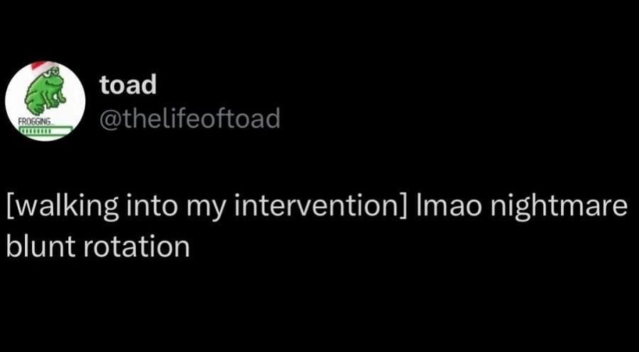 Twitter screenshot. @thelifeoftoad:

[walking into my intervention] lmao nightmare blunt rotation