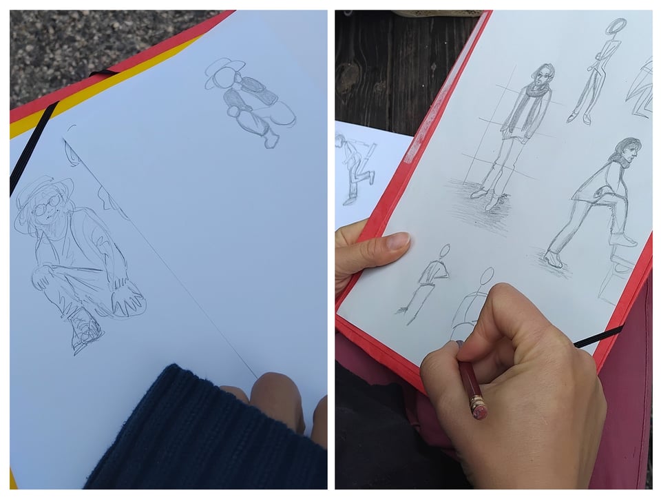Montage de deux photos : celle de gauche montre deux feuilles portant chacune le croquis d'un enfant agenouillé, dessiné par deux personnes différentes ; la photo de droite montre la main d'une personne en train de dessiner un adulte dans différentes positions, et de façon plus ou moins détaillée