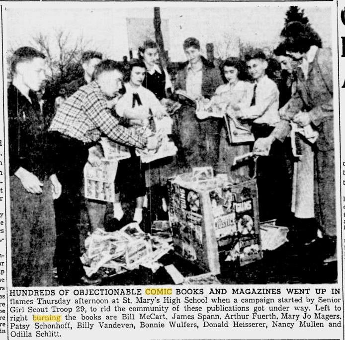 Image of a comics burning in Cape Girardeau, Missouri, hosted at a catholic school and spearheaded by local Girl Scouts.