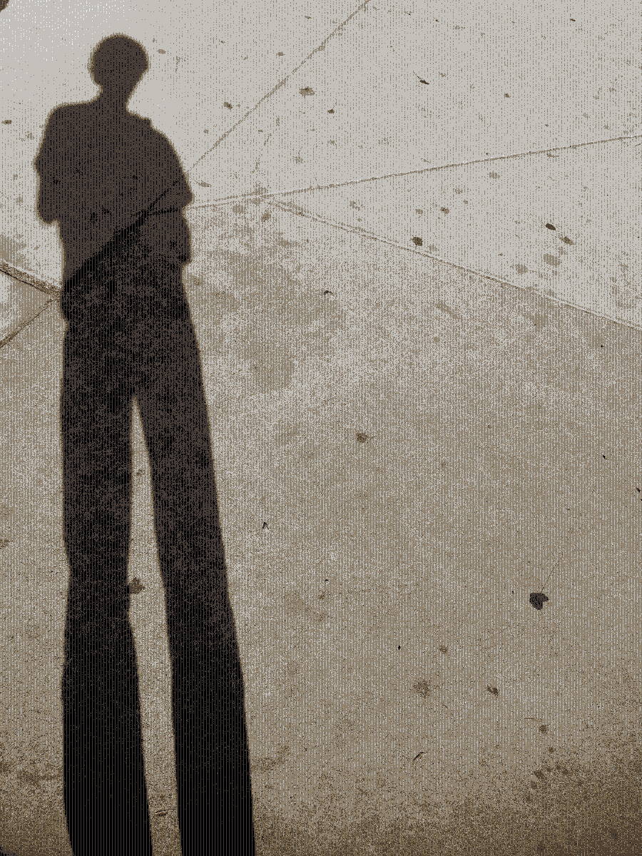 A tall, distorted shadow cast over a concrete walk.