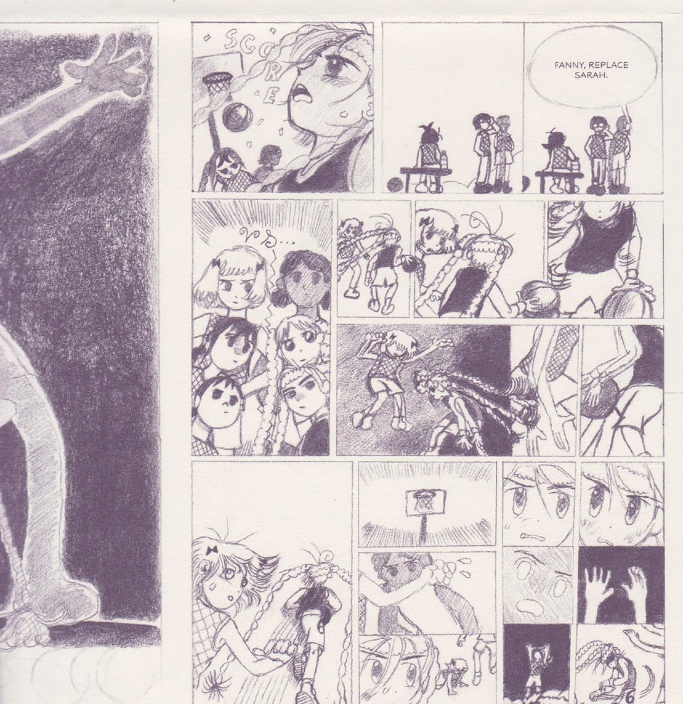 a sample page of BASKET, our newest graphic novel by marie derambure and paco moccand! the scene featured is of the cabestany girls basketball team practicing a match. the text bubble above zoe says "fanny, replace sarah."