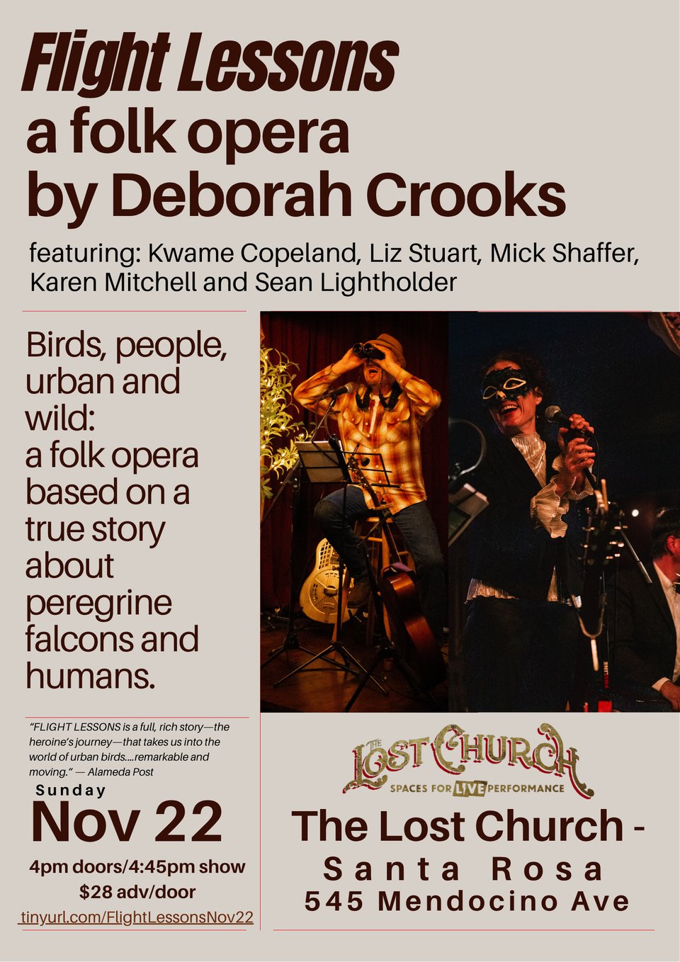 Flight Lessons: A Folk Opera comes to The Lost Church in Santa Rosa on Sunday, November 22, 2026. Tickets are on sale now.
