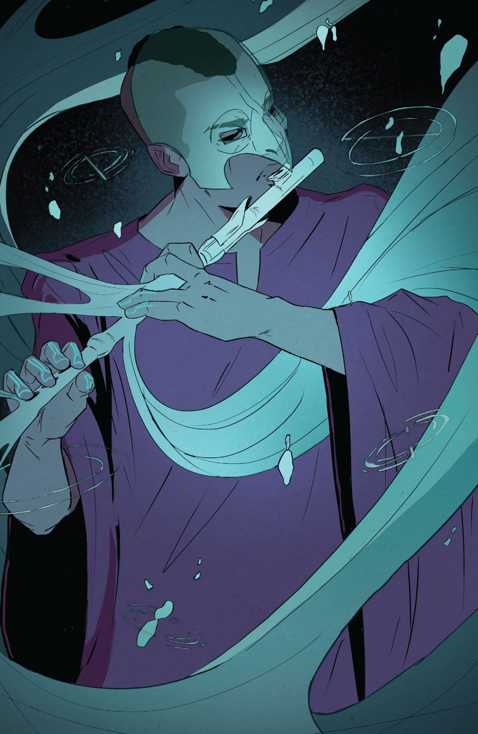 Comic book page showing a young person wearing a glowing green mask and playing a green, glowing flute.