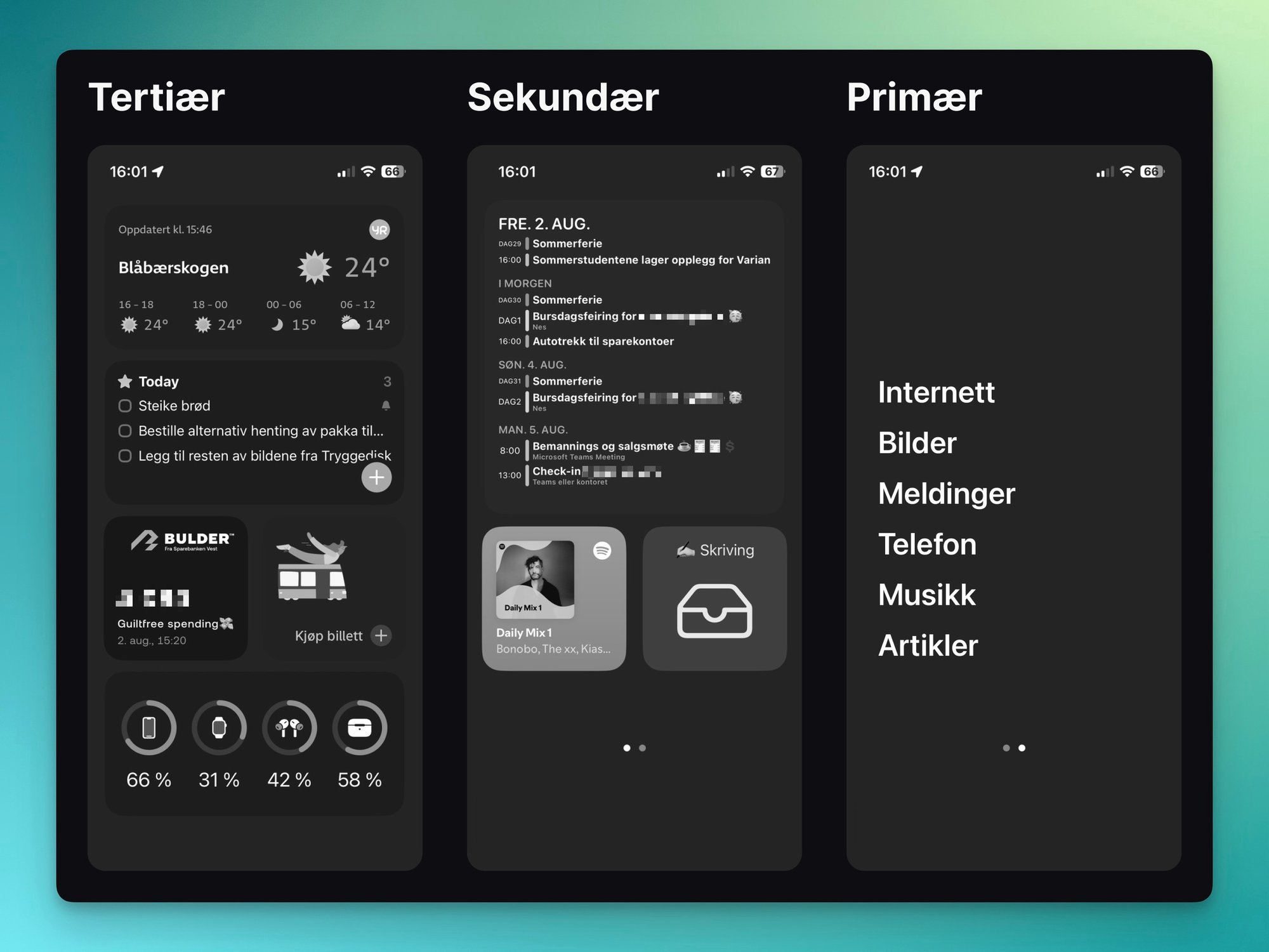 Skjermbilde av hvordan jeg bruker widgets på hjem-skjermene