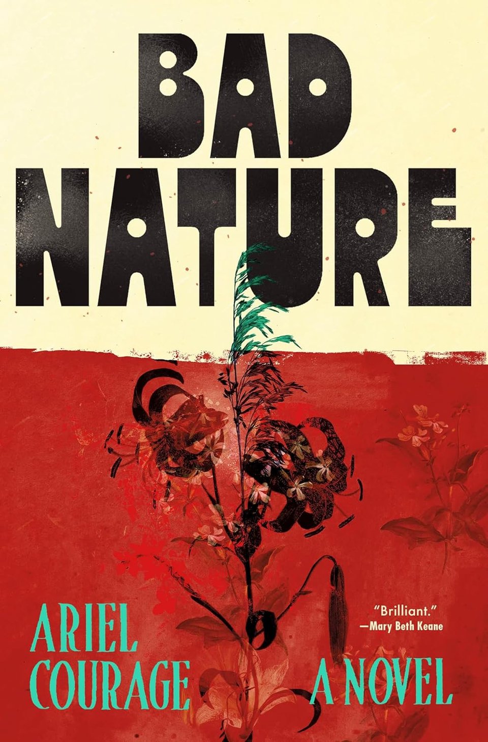 BAD NATURE / ARIEL COURAGE - A NOVEL / "Brilliant." —Mary Beth Keane // Black lettering against tan background, bottom half of image rich red showing a dying plant (as if under the soil), a hint of green leaves puncturing the surface