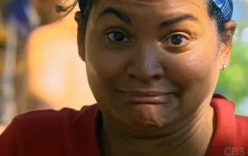 Sandra Diaz-Twine wearing a bandana and making a face