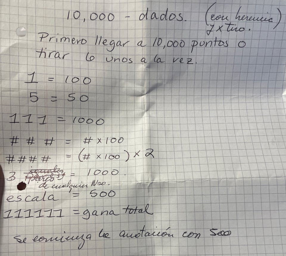 Rules to play the dice game 10,000. First to get 10,000 points or throw six ones at once wins the game. Dice with 1 = 100 points. Dice with 5 = 50 points. Three dice with 1 = 1000 points. Any three equal numbers = that number * 100. Any four equal numbers = that number * 2 * 100.  Three pairs of any number = 1000 points. A flush = 500 points. Six 1s wins the game automatically. You need to have at least 500 points to get on the board.