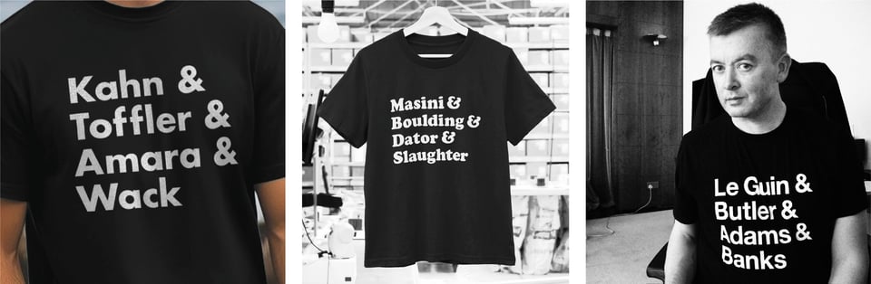 Three T-shirts featuring different futurists