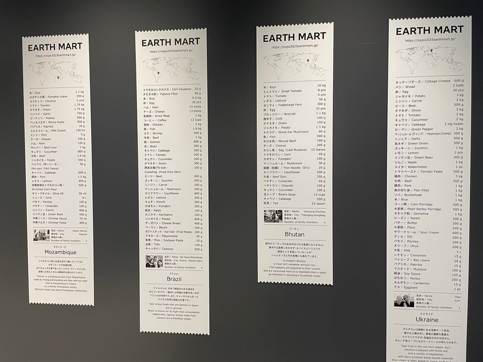Four large receipts detailing the food purchases of four families from different parts of the world.