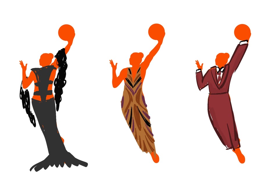 Banner: Drawings of some of Marisa’s favorite outfits, superimposed on the WNBA logo.