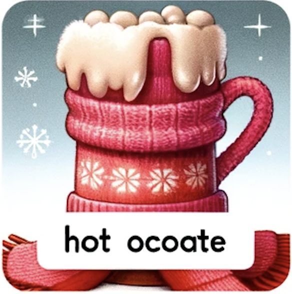 DallE3-generated image of a cup that's wearing a sweater and a scarf, overflowing with something beige that might be hot chocolate foam and topped with some round things that could be marshmallows or teeth, labelled "hot ocoate"