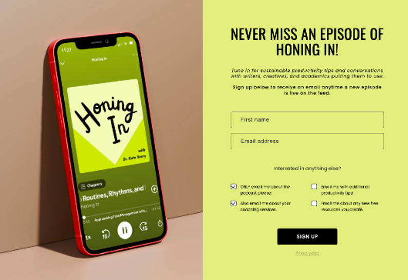 screen shot of sign up page to receive updates about new podcast episode