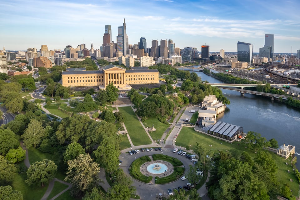 A view of Center City Philadelphia with the Philadelphia Museum of Art in the foreground