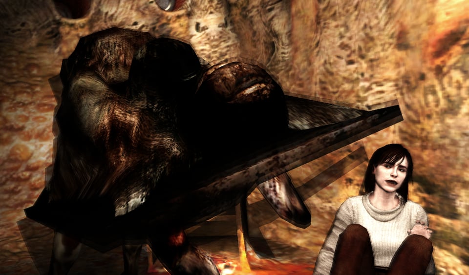 Angela being terrorized by a distorted leathery creature