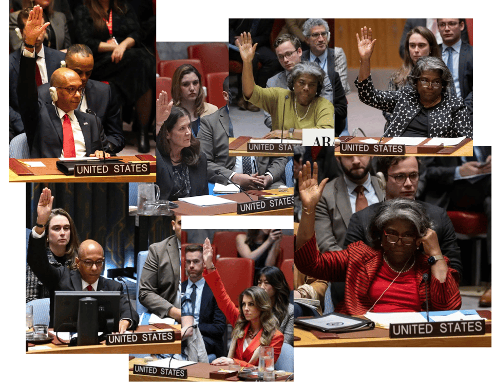 Collage of photos of UN Ambassadors from the US raising their hands to veto UN votes to support Palestinians or call for Israel to cease firing on their neighbors