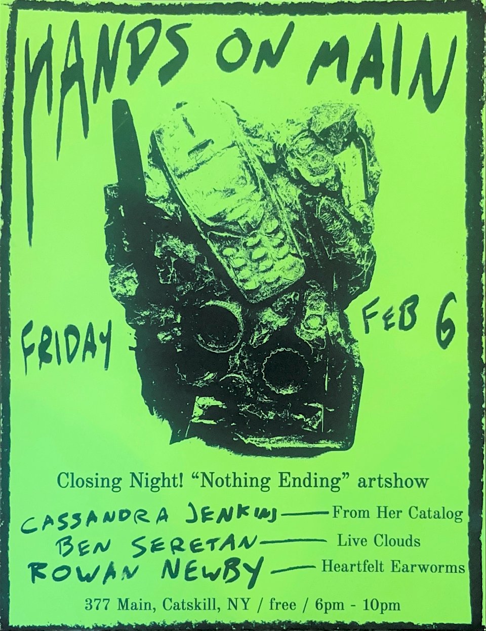 hands on main concert / event flyer - Friday, February 5th at Hands on Main Gallery, 377 Main Street, Catskill, NY / free 6pm - 10pm