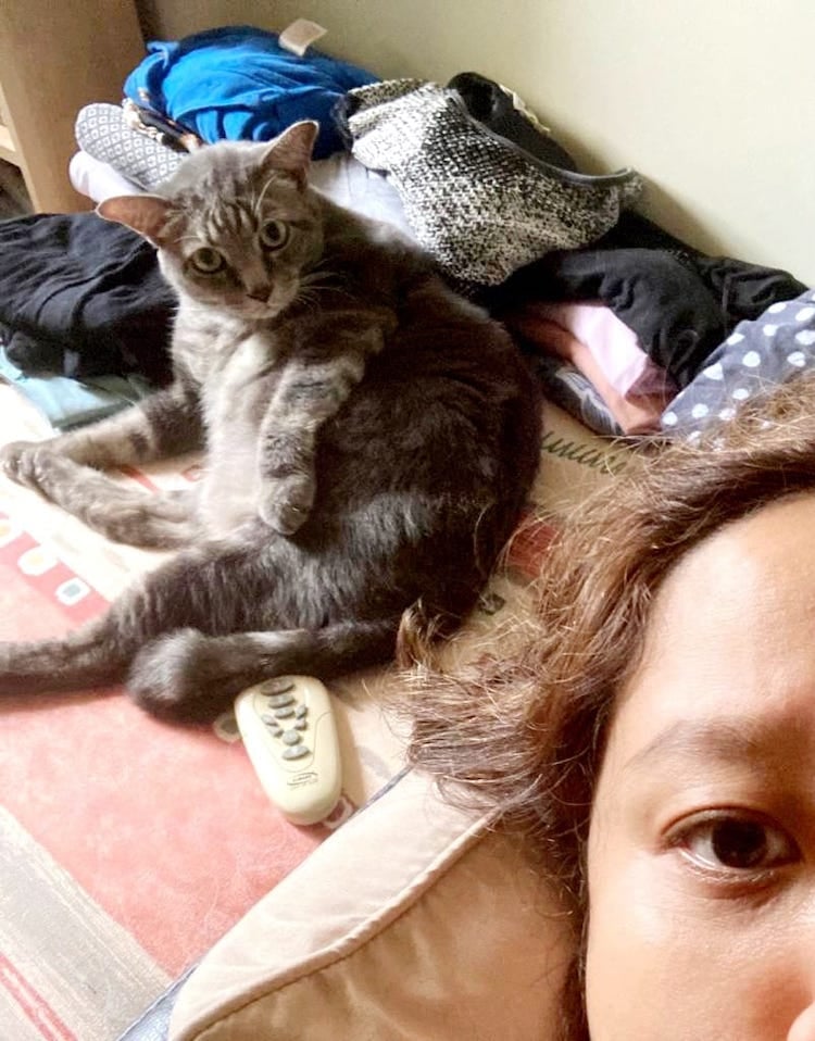 Our cat, Luca, and a bit of Nadia's head