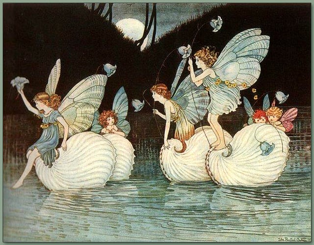 Three fairies in blue and orange dresses sit/stand/perch on white shells (maybe? hard to say) by moonlight. Three other smaller fairies watch from behind the maybe-shells.
