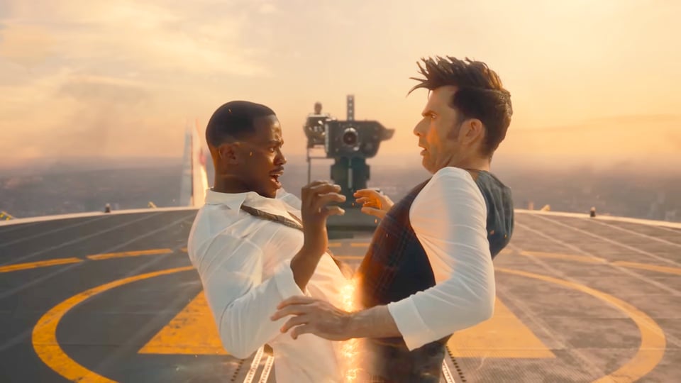 The Fifteenth and Fourteenth Doctors' bodies divide above the hips from a 'stitch' of regeneration energy, Fifteen looking pleasantly shocked, Fourteen utterly befuddled.