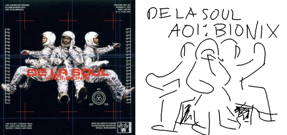 Three Black men, the members of De La Soul (Mase, Posdnous, Trugoy), are dressed in silvery, reflective astronaut costumes, complete with white helmets. They are sitting down and gesture like they are operating instruments, but any sort of physical objects have been removed, so they appear to be floating. Posdnous, in the middle, has a hand to his head like he's receiving a message.