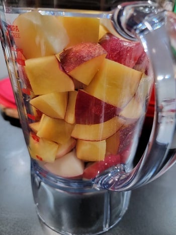Chunks of yellow and white nectarines in a blender pitcher