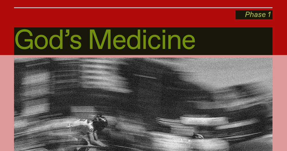 A screenshot of the home page of God's Medicine, which shows the site title and a picture of bicyclists in black and white.