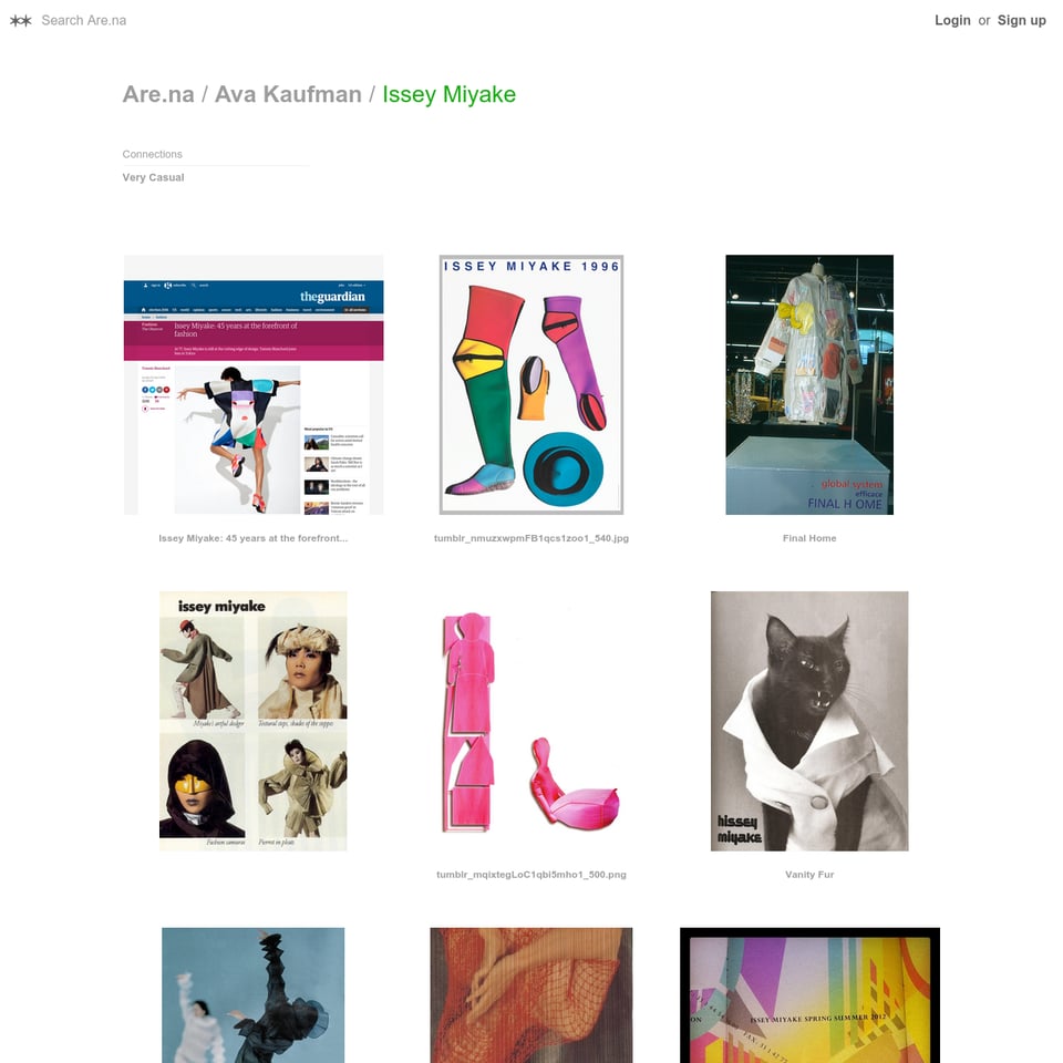 [An open Are.na channel by Ava Kaufman titled Issey Miyake, with images of various Issey Miyake clothes, editorials, and references.]