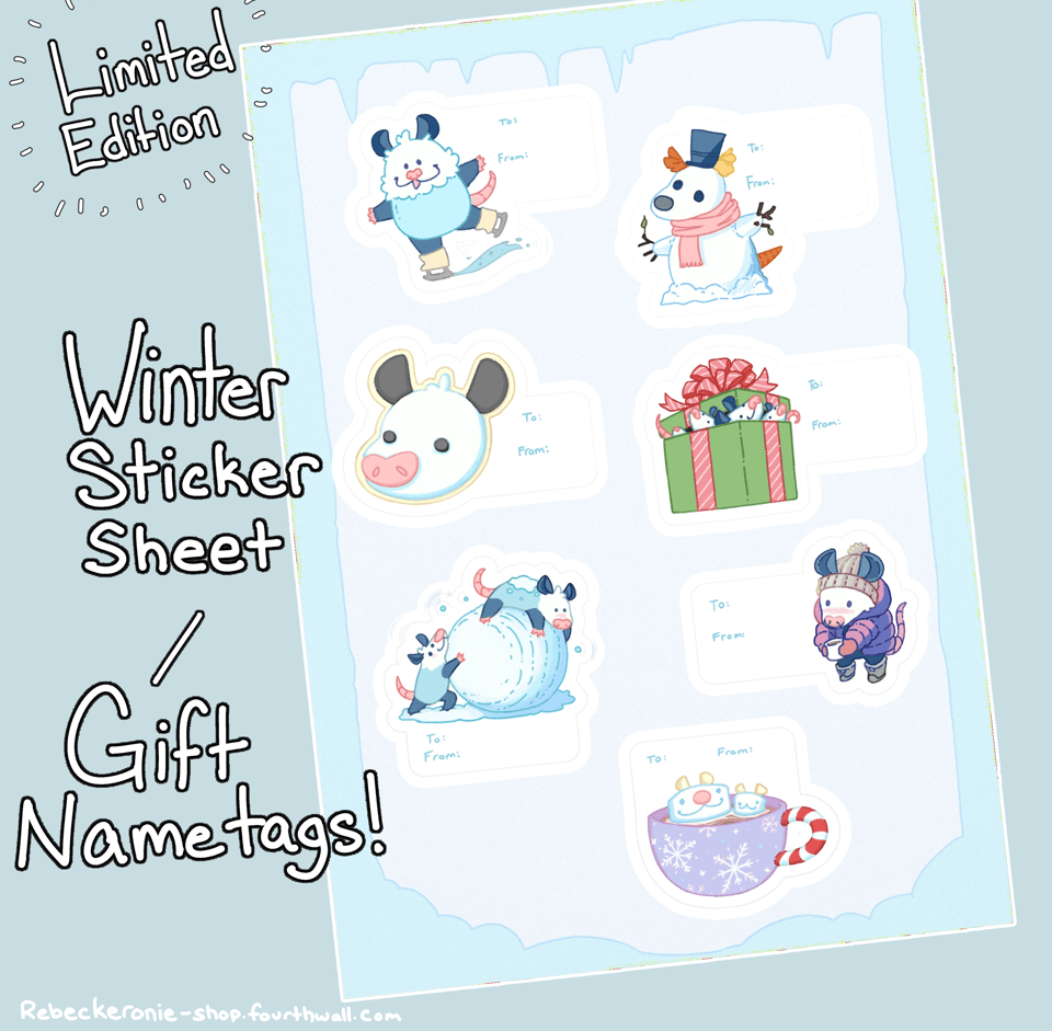 A sticker sheet of possums doing winter activities, with the words "to" and "from" next to them, so they can be used as gift nametags. Limited edition